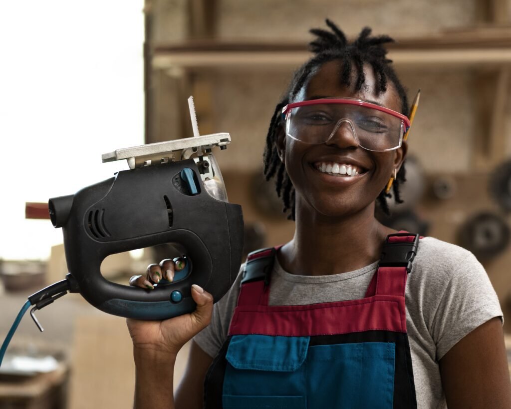 carpenter cutting mdf board inside workshop